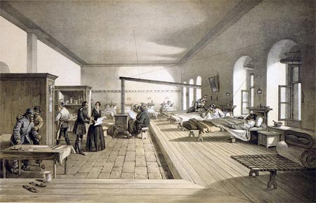 A ward of the hospital at Scutari where Nightingale worked, from an 1856 lithograph.